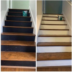 before and after stairs. before are black stairs with wooden steps, after are painted white with wooden steps
